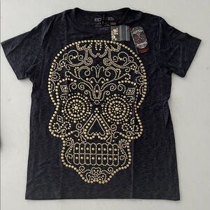 Ay Guey Black Short-Sleeve Tee with Gold Stud Skull
